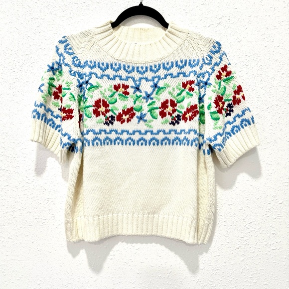 Eddie Bauer Sweaters - Eddie Bauer Cream Sweater with Blue, Red, and Green Floral Design XSP